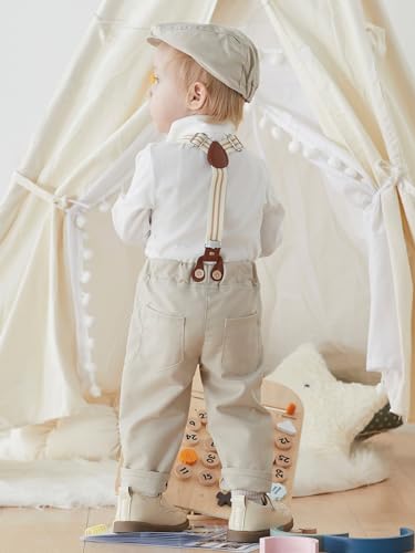 Image of SALNIER Baby Boy Suit Set Infant Formal Outfit Tuxedo | Soft Cotton Shirt Suspenders Pants Bow Tie Beret Hat 5pcs Set, For Wedding Baptism Birthday Party