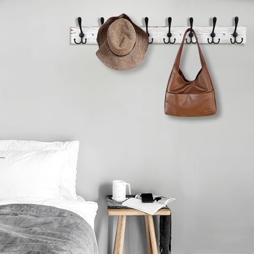 Kuhome 32.2'' Large Coat Rack Wall Mount Coat Hooks Coat Hanger With 8 Metal Black Triple- Hooks Old White Pine Real Wood Plank Hat Rack For Wall Hooks For Hanging Coat Hat Jacket thumb #5