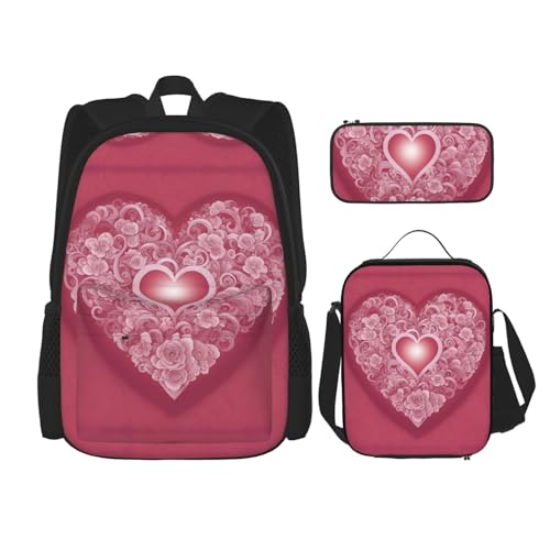 nanger Romantic Heart Print 3-Piece Set Backpack, Lunch Bag And Pencil Case, For Travel, College, And Daily Use