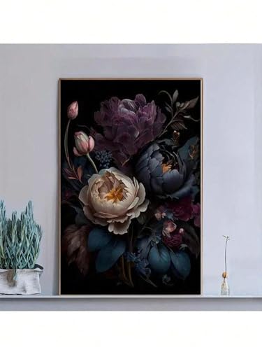 Peinture florale aux tons sombres style vintage abstrait cadre bois 30x50cm - 4