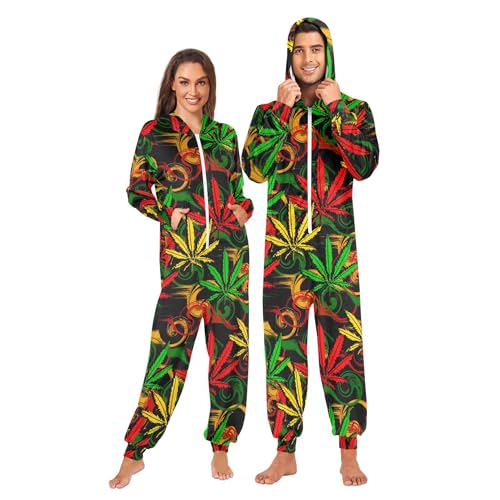 Fisyme Leaf Tropical Weed Adult Onesie Pajamas for Women Men Long Sleeve One-Piece Costume Sleepwear Jumpsuits XL