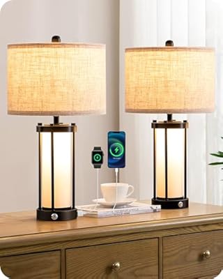 EDISHINE 22.44" Farmhouse Table Lamps with Night Light, 3 Way Dimmable Touch Control Bedside Lamp Set of 2, Rustic Nightstand Lamp for Living Room, Bedroom, A+C USB Ports, Frosted Glass Shade
