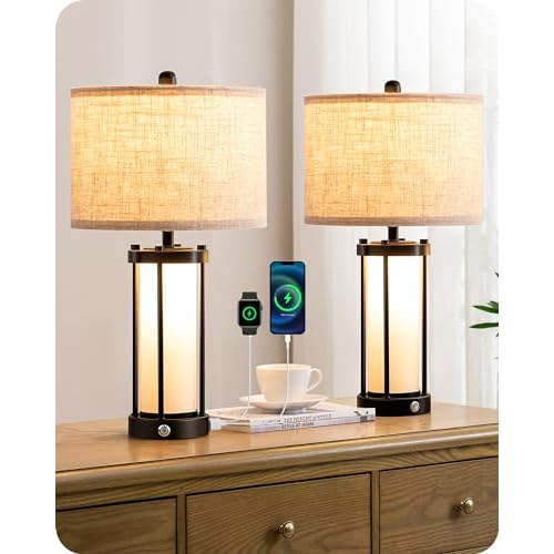 EDISHINE 25.6" Tall Table Lamp with Night Light, Farmhouse Bedside Lamp Set of 2 with USB Charging Ports, Touch 3-Way Dimmable Nightstand Lamp for Living Room, Bedroom, Home Decor Minimalist