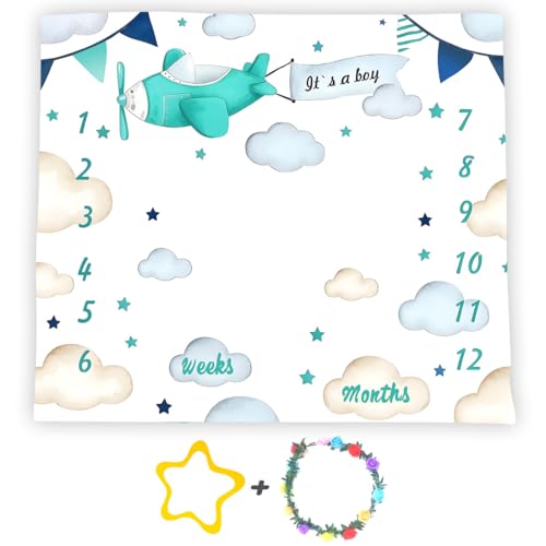 Image of Airplane Theme Baby Monthly Milestone Blanket for Boys, Soft Flannel Aircraft Pilot Cloud Stars Pattern Photography Prop Baby Shower Age Newborn Mom Gifts Nursery Decor (Turquoise, 48x40in)