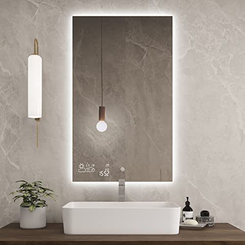 BYECOLD 24x40 Smart Mirror for Bathroom with Weather &Date &Temp Display, Anti-Fog, Backlit, Bathroom Led Vanity Wall Mounted Mirror - Vertically Only