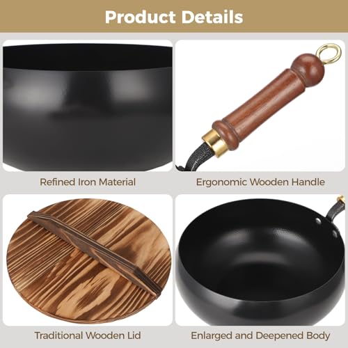 Wok de Hierro Fundido con Base Plana y Mango de Madera miniatura 3