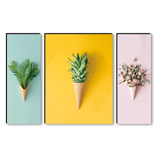 Image of SAF Modern Abstract Wall Painting - 3 Panel Ice Cream Cone Art with Leaves, Pineapple & Flowers | Quirky Contemporary Wall Decor for Living Room, Bedroom, Cafe, Office (20 x 12 Inch) JM-36112
