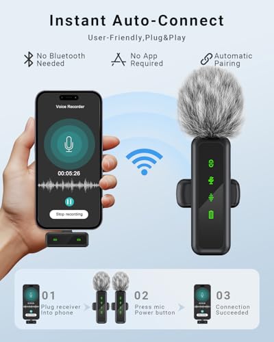 Jubolion Lot de 2 microphones cravate sans fil pour iPhone, iPad, Android, avec écran LED et réduction du bruit, micro à clipser Plug and Play pour enregistrement vidéo, TikTok, YouTube, Podcast – vue 4
