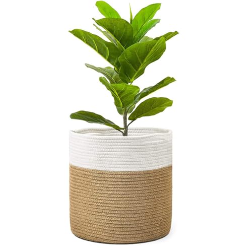 BBTISG Cesta para Plantas de 30cm con Forro, Cesta de Almacenamiento de Cuerda de Algodón Trenzada para Plantas de Interior, Maceta, Organizador de Lavandería y Decoración del Hogar (Blanco)