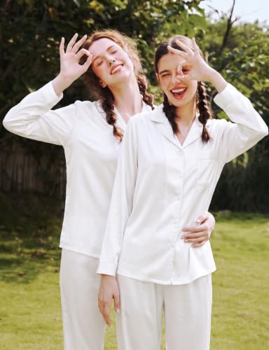 Image of SWOMOG Long Sleeve Pajamas Set Silk Satin Sleepwear Button Down Pjs Loungewear with Pocket