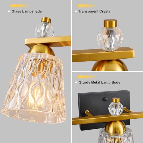Image of 3 Light Bathroom Vanity Light, Black Gold Bathroom Light Fixtures with Textured Glass Shades Modern Vanity Lighting Wall Mount Over Mirror