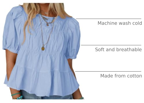 Image of Tankaneo Womens Puff Sleeve Peplum Babydoll Tops Summer Flowy Pleated Cotton T-Shirts Casual Loose Fit Cute Blouse