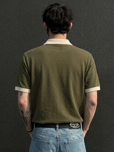 Image of LEOTUDE Men's Solid Olive Polo T-Shirt with Beige Contrast Collar | Regular Fit Half Sleeve Polo Neck Tee | Comfortable Everyday Casual Wear (Color : Olive)