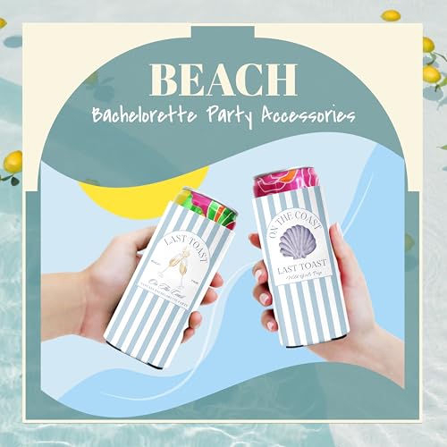 Image of Last Toast On The Coast Bachelorette Slim Can Sleeves - 12 Pack Beach Bachelorette Party Beer Cozy Bulk, Funny Skinny Soda Can Coolers for Bachelorette Party Accessories