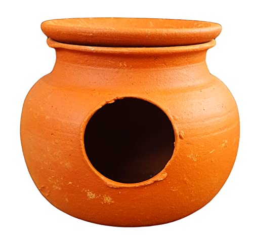 ZENRISE® Terracotta Bird House Clay Pot Mud matki nest with lid for breeding (Flat Base, Hanging and Standing) for Cage, Balcony and Garden - 13 cm
