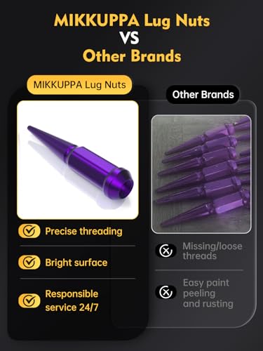 Image of MIKKUPPA M14x1.5 Wheel Spike Lug Nuts, 32 PCS Purple Spiked Lug Nuts 14mmx1.5 Solid 4.4 inch Tall Acorn Lug Nut with 1 Socket Key Replacement for Chevy Silverado 1500 2500 3500, F150 F250 F350