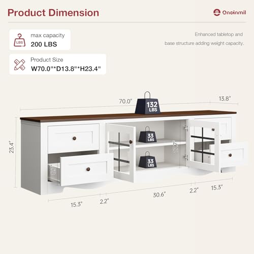 oneinmil 70\" Modern TV Stands for for Living Room, Wood Entertainment Center with 4 Large Drawers, TV Console with Glass Door Storage Cabinet, TV Stand for TVs up to 75\", White - Thumbnail 2