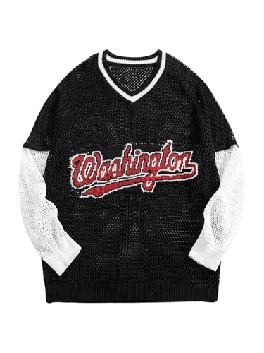 Men's Graphic Crochet Sweater Hollow Out Knitted Long Sleeve Letter Drop Shoulder Pullover Tops