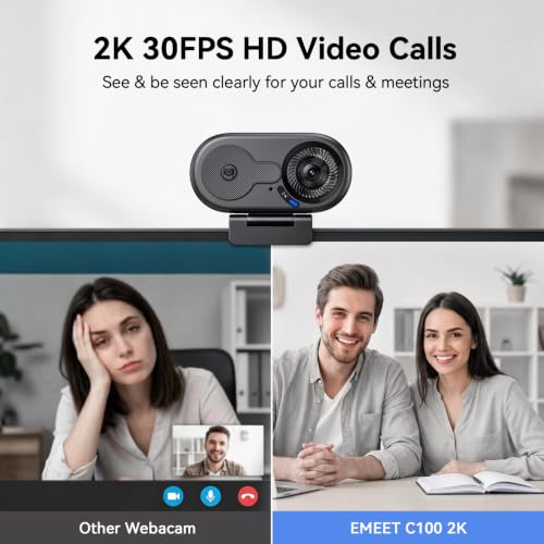Image of EMEET C100 2K Webcam for PC, Built-in Mic, Rotating Privacy Cover, Portable Metal Clip, Computer Camera for Home Office, Meetings, Learning, Streaming, External Webcam for Desktop, Laptop, PC USB-A