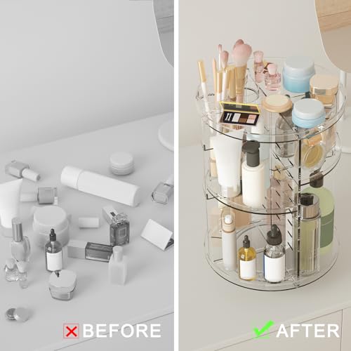 Jiavarry Rotating Makeup Organizer, DIY 8 Adjustable Layers Spinning Skincare Organizer, Cosmetic Display Case with Brush Holder Perfume Tray, Multi-Function Storage Carousel for Vanity Bathroom Countertop