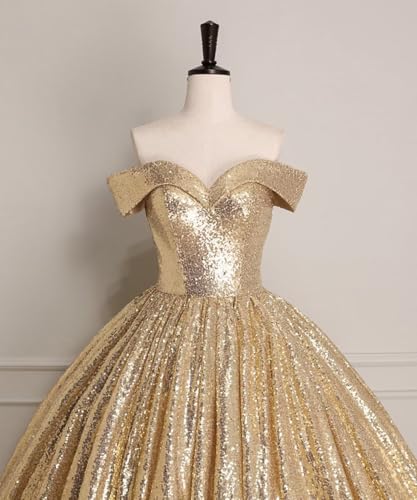 WDBFY Off Shoulder Sequin Quinceanera Dresses Sparkly Beaded Princess Ball Gowns Long Puffy Prom Dresses for Sweet 15 163
