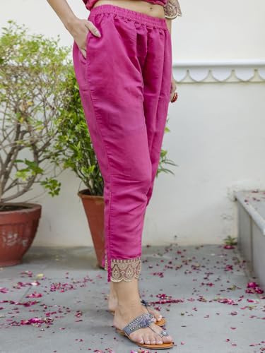 Image of VredeVogel Women's Silk Blend Embroidered Kurta with Pant & Silk Chiffon Dupatta Set