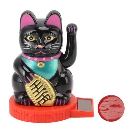 Cyrank Brazo Que Agita del Gato De La Suerte, Gato Que Agita con Energía Solar Maneki Neko Japonés Gato De La Fortuna Solar con La Mano Que Agita La Pata hacia Arriba para La Decoración (Negro)
