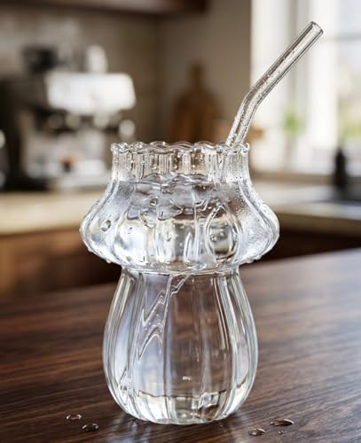 Image of Mushroom Shaped Glass Tumbler with Straw, Ribbed Glass for Juices, Milkshakes, Cold Coffee, Smoothie etc and Other Beverages Pack of 2