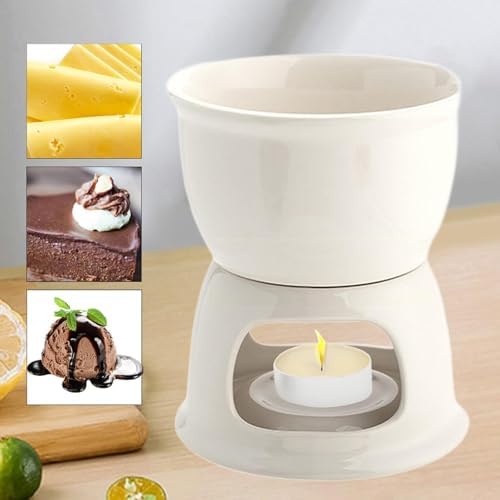 FewNvWa Chocolate Ceramic Fondue Set Melting Pot Butter Warmer Cheese Heater with Tea Light Base Smooth Glaze Easy to Clean Suitable for Home, White - 3