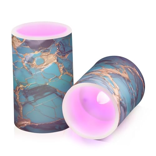 Image of Flickering Flameless Candles, Turquoise Golden Marble LED Candles with Remote Timer, Set of 2 Battery Operated Candle for Valentine Wedding Birthday