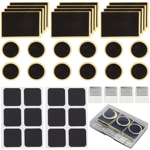 GORGECRAFT 40Pcs Bicycle Tire Repair Kit Includes 36Pcs Glueless Bike Tube Patches and 4Pcs Metal Rasps Round Square Rectangle Self Adhesive Bicycle Tire Patches for Road Mountain Bikes Motorcycle