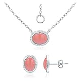 SEA OF ICE 925 Sterling Silver 8x6 Oval Shape Simulated Pink Coral Pendant Necklace, 16'+ 2' Extender and Stud Earrings, Jewelry Set for Women