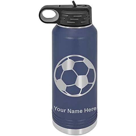LaserGram Personalized Water Bottle, Soccer Ball, Stainless Steel Double Wall Vacuum Insulated with Flip Top Straw, Custom Engraved Gift (32oz / 950ml Navy Blue) Cover