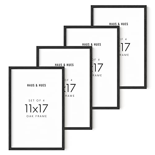 HAUS AND HUES 11x17 Black Oak Frame Set of 4 - Poster Collage Holders, Wooden Wall Display