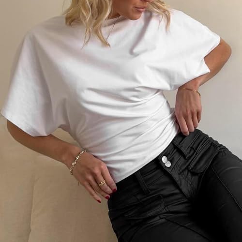 Women Wide Short Sleeve Casual Crew Neck Cinched Waist Shirt Cute Workout Crop Top - Image 4