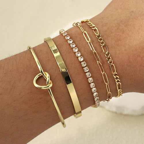 Reoxvo 4R-GOLD-4MMBANGLE-5P Bracelets For Women Stack 14K Gold Plated Brass Charm Bangle Bracelet Chain Link Jewelry Set thumb #2