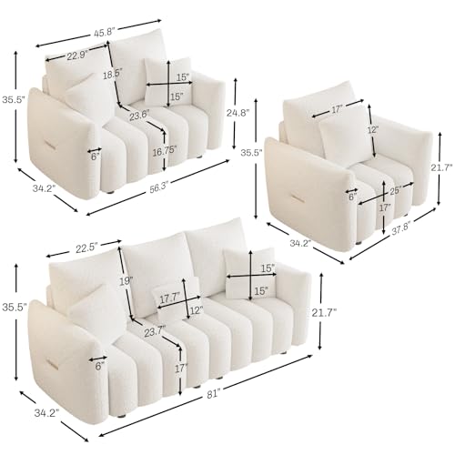 Image of OUYESSIR 3 Pieces Boucle Sofa for Living Room, Modern Deep Seat Sofa Chair & Loveseat & 3-Seater Couch, Oversized Cloud Sofa Couch Set, Comfy Upholstered Teddy Living Room Furniture, Beige White