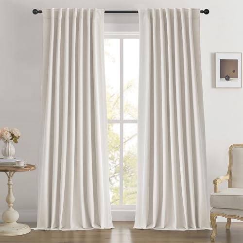 BSfullts Black Out Curtains 102 Inch 100% Blackout Curtain Cream Thermal Insulated Drapes Natural Pinch Pleat 2 Panel Sets Linen Blend Flax Back Tab Window Drape