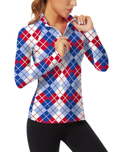 Women's 1/4 Zip Athletic Long Sleeve Shirt Argyle-054 Large