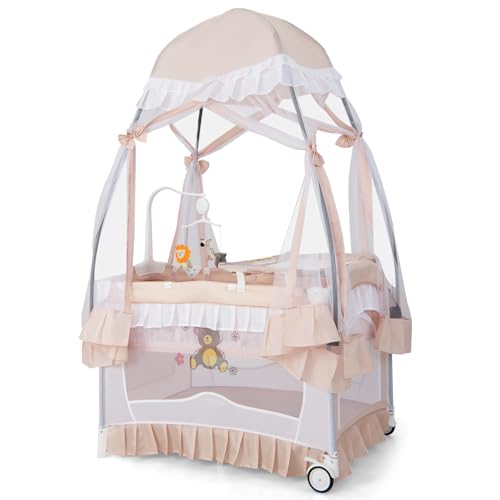 LIFEZEAL 4 en 1 Lit Bébé Evolutif avec Baldaquin, Lit Parapluie Bebe Pliable avec Matelas et Table à Langer, Lit Bebe 0-36 Mois avec Sac de Rangement (Rose)