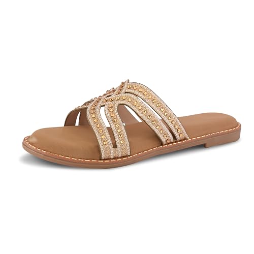 Image of Centrino Women's Beaded Flat Sandals| Open Toe Stylish Slip-On Sandals for Ladies | Metallic Crisscross Straps with Soft Cushioned Footbed for Comfort | Lightweight Casual Fashion Footwear (9305)