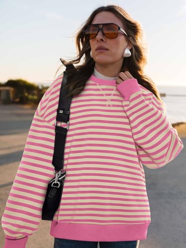 Image of PRETTYGARDEN Womens Striped Oversized Sweatshirt Color Block Crew Neck Long Sleeve Casual Loose Pullover Top Y2K Clothes