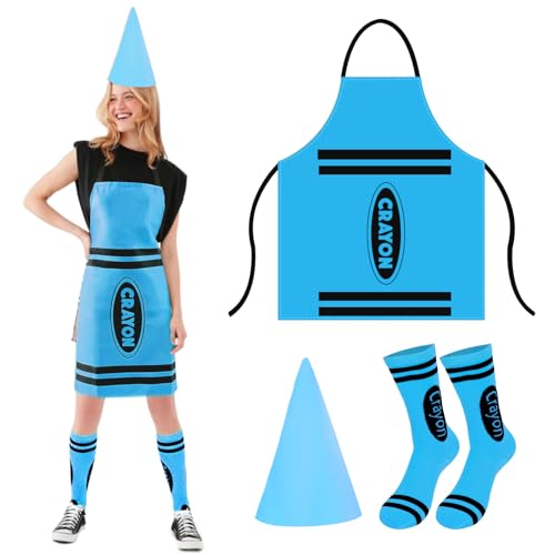 Crayon Costume Adult 3Pcs Colorful Crayon Fancy Dress Include Crayon Apron Funny Cone Hat And Striped Socks Unisex World Book Day Costumes Halloween Party Christmas Group Cosplay Outfits (Sky Blue)