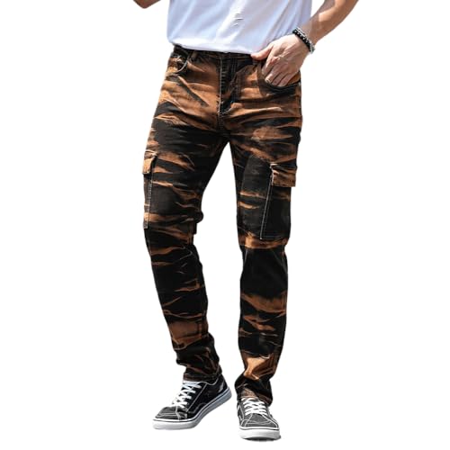 Tie-Dye Slim Fit Jeans for Men Distressed Straight Leg Cargo Denim Pants