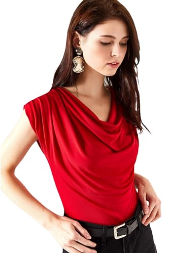 Image of SIGHTBOMB Ultra Soft Afford LUX Edition Draped Cowl Neck FRONTFLOW Gathered Ruched SOFTLINE Sleeveless TOP for Women