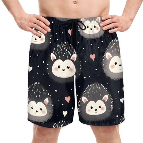 Men's Swim Trunks Size S Grey Hedgehogs with Mesh Lining Soft Breathable Quick Dry Beach Shorts Grayish Black