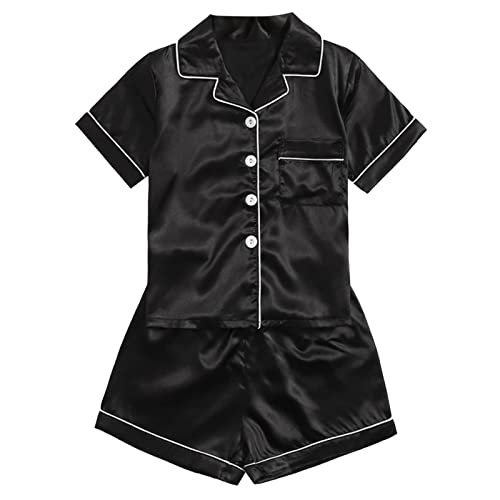 Little Boys Girls Satin 𝗣ajamas Set Black Short Sleeve Button Down Silk 𝗣js 2PC Summer Slee𝐩wear 𝗟oungewear