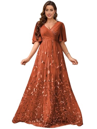 OFEYCHUN Mother of The Bride Dresses Sequin Chiffon V Neck Wedding Guest Dress with Sleeves