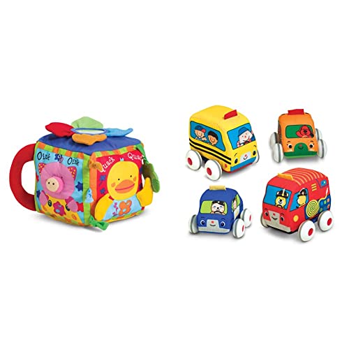 Image of Melissa & Doug K's Kids Musical Farmyard Cube Educational Baby Toy & K's Kids Pull-Back Vehicle Set - Soft Baby Toy Set with 4 Cars and Trucks and Carrying Case