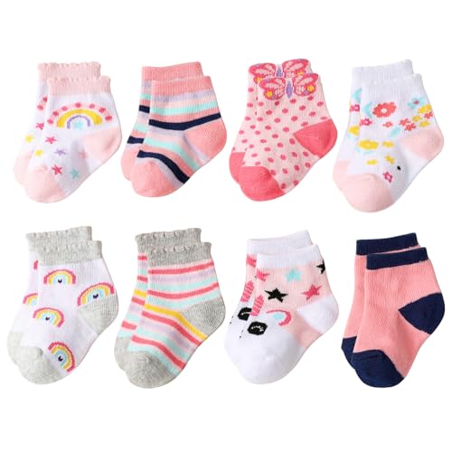 Meeshine 8 Pack Newborn Baby Girls Ankle Socks Preemie Cute Cartoon Crew Cotton Low Cut Socks for 0-2T Boys Kids